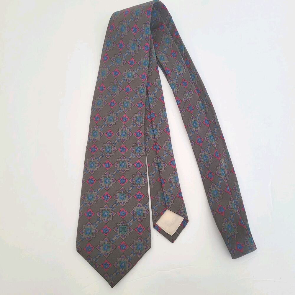 Celine Men's Neck Tie Made In Spain Designer Silk Gray Red Geometric Logo